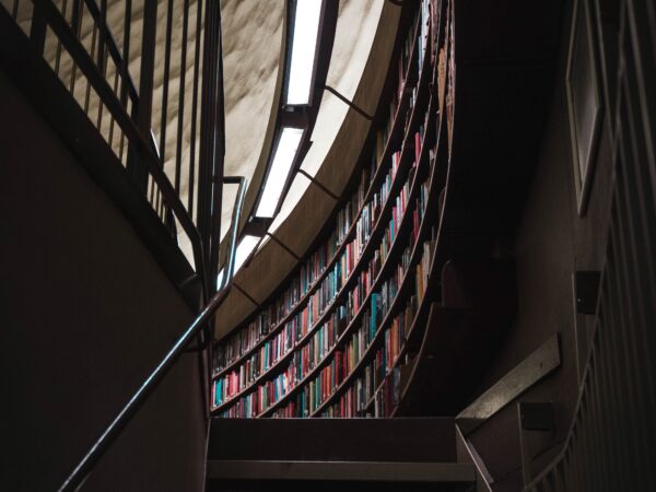Stairs leading to a library full of books. Illustrating topic of investment diversification.